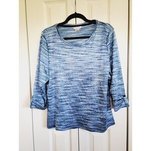 Allison Daley L‎  Striped Sweater LARGE Blue White Fringe 3/4 Sleeve Tunic